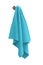 Blue colored towel hanging on a metal handle on a white background