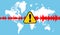 blue colored world map with earthquake sign with warning sign