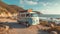 Blue combi van parked next to the ocean