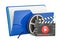 Blue computer folder icon with film reel and clapperboard, 3D re