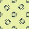 Blue Contract money and pen icon isolated seamless pattern on yellow background. Banking document dollar file finance
