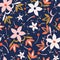 Blue with coral red, white and pink folk florals and golden leaves seamless pattern background design.