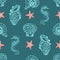 Blue and coral  seahorse, starfish and seashell seamless pattern background
