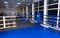 Blue corner of a regular boxing ring surrounded by ropes in a gym