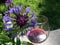 Blue cornflower flower on the background of a glass with a red drink on a wooden table and green grass.