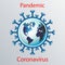 Blue coronavirus icon with globe. Asian flu emblem. Design element