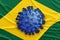 Blue coronavirus over brazilian flag. Covid-19 in Brazil related concepts