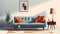 Blue Couch With Orange Pillows And A Vase Of Flowers On A Table