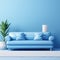 A blue couch sitting next to a potted plant. Generative AI image.