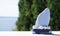 Blue craft boat made from small stone and seashells with nature background of green cypress and sea