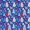 Blue craft Christmas seamless vintage wrapping paper with paper cutting angels, jingle bell, reindeer, gingerbread, candy, candle,