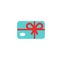 Blue credit debit card with red bow and ribbon. Gift card icon. Bank present sign. Vector flat icon isolated