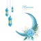 Blue crescent moon and hanging lanterns illustration, watercolor Ramadan greeting design