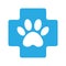 Blue cross with paw veterinary care symbol icon. veterinary pharmacy sign