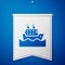 Blue Cruise ship in ocean icon isolated on blue background. Cruising the world. White pennant template. Vector