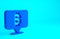 Blue Cryptocurrency coin Bitcoin icon isolated on blue background. Physical bit coin. Blockchain based secure crypto