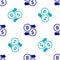 Blue Cryptocurrency exchange icon isolated seamless pattern on white background. Bitcoin to dollar exchange icon