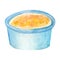 Blue cup for apple jam or sauce. For Hanukkah latkes. Watercolor illustration on a white background.