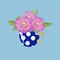 A blue cup decorated with polka dots used as a vase for peonies.