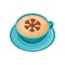 Blue cup of hot aromatic coffee with latte art in shape of snowflake of cinnamon powder. Flat vector design