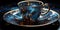 A blue cup and saucer with a gold rim. Caffeine constellations.