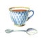 Blue cup of tea or coffee, teaspoon