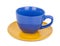 Blue cup of tea on a yellow saucer