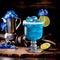 Blue Curacao cocktail garnished with lemon slice, in the style of bold color field