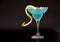 Blue Curacao, a refreshing alcoholic drink in a tall glass with lemon zest and sugar rimmed on a black background