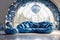 Blue curved round sofa under decorative abstract bubbles or balls arch
