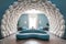 Blue curved round sofa under decorative abstract bubbles or balls arch. Art deco home interior design of modern living room.