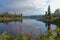 Blue dam and purple flower, with the lake in germany with beautiful water reflections and forest landscape and blue sky -