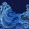 Blue and dark blue decorative doodles waves and the starry sky