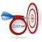 Blue darts target aim. Successful shoot with customer banner.