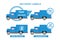 Blue delivery trucks on white background. Set of four delivery labels. Round the clock, fast, free, guaranteed delivery