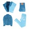 Blue denim shorts, trousers and jacket. Set of denim clothes. Modern blue jeans and shorts. Trendy outfit isolated illustrations.