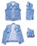 Blue denim vest set isolated on a white background, jeans denim vest options: folded, unbuttoned, buttoned