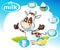 Blue design with dairy products and funny cow - vector