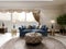 Blue designer fabric sofa in front of the window with pillows in different colors and a soft quilted coffee table with decor