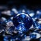 Blue diamond on black stone background. Macro shot with shallow depth of field