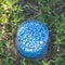 Blue different shape chemical fertilizer granules in glass on green grass