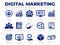 Blue Digital Marketing Icon Set. Target Audience, SEO, Email Marketing, Website, Analytics, Customers, Testimonials, Attract,
