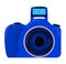 Blue digital SLR camera with a large lens and display screen. Modern photography equipment vector illustration