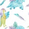 Blue dinosaur clip-art with tropical leaves watercolor seamless pattern