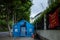 Blue disaster relief tents set up on the street