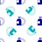 Blue Dishwashing liquid bottle and plate icon isolated seamless pattern on white background. Liquid detergent for