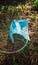 A blue disposable medical face mask lies torn on the ground, thrown by a man in the forest and polluting the environment