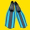 Blue diving flippers isolated on yellow. 3d render of snorkeling equipment