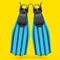 Blue diving flippers isolated on yellow. 3d render of snorkeling equipment