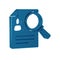 Blue Document, paper analysis magnifying glass icon isolated on transparent background. Evidence symbol.